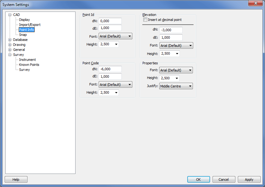 Topocad point info settings