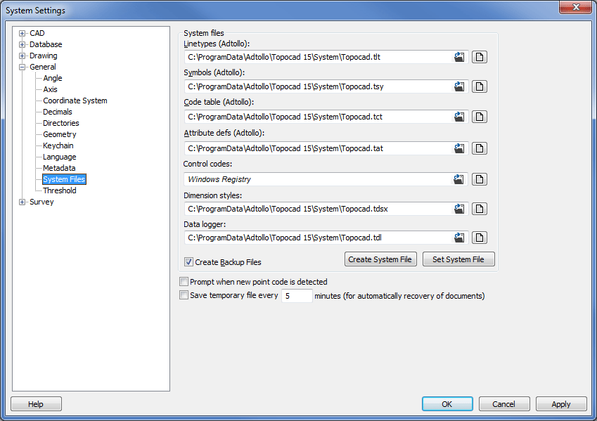 Topocad System settings